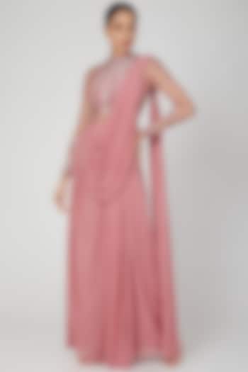 Rose Pink Linear Embellished Gown Saree by VIVEK PATEL
