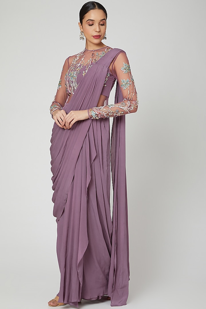 Mauve Embellished Saree Gown by Vivek Patel