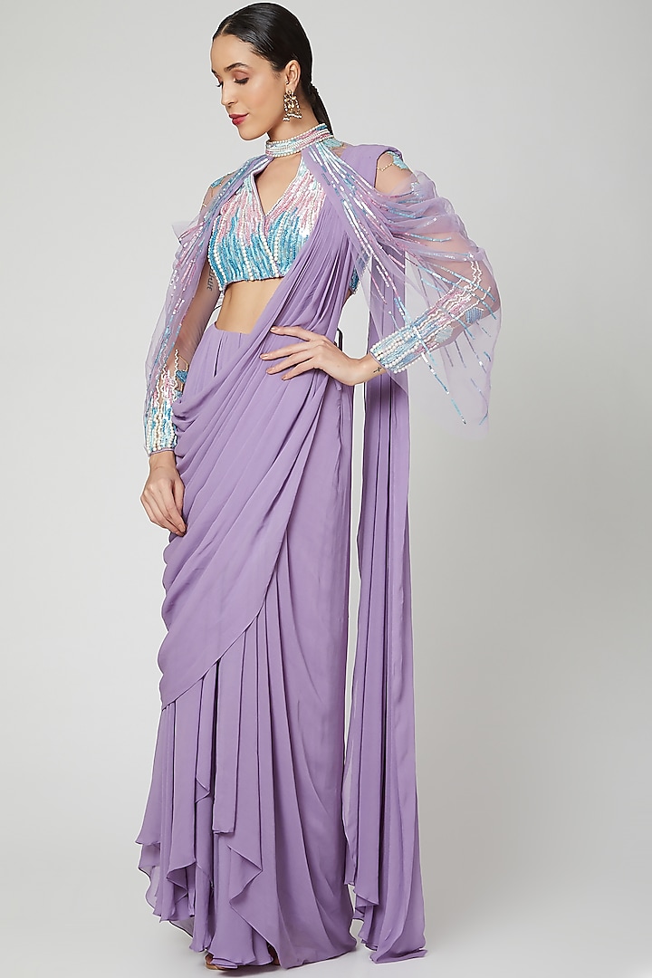 Lavender Embellished & Pleated Saree Gown by Vivek Patel