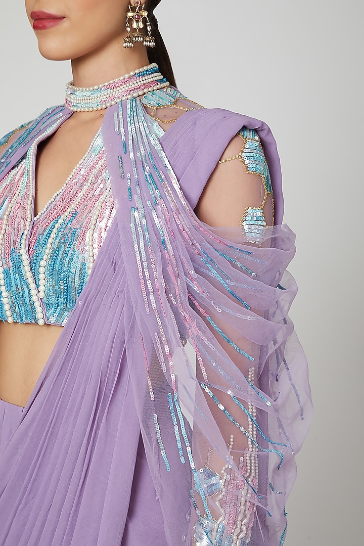 Lavender Embellished & Pleated Reception Saree Gown by Vivek Patel at Pernia's Pop Up Shop