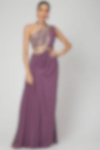 Mauve One Shoulder Embellished Saree Gown by Vivek Patel