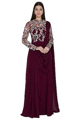 Wine Crepe & Tulle Bugal Bead Embroidered Gown Saree by Vivek Patel