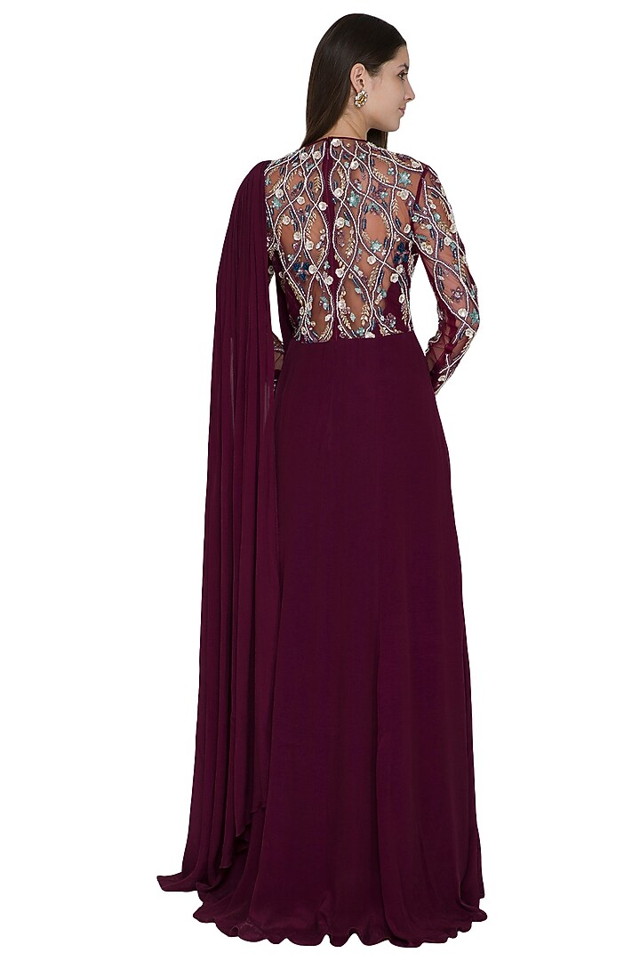 Wine Crepe & Tulle Bugal Bead Embroidered Wedding Gown Saree by Vivek Patel at Pernia's Pop Up Shop