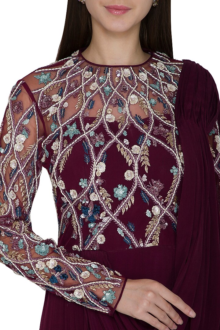 Wine Crepe & Tulle Bugal Bead Embroidered Wedding Gown Saree by Vivek Patel at Pernia's Pop Up Shop