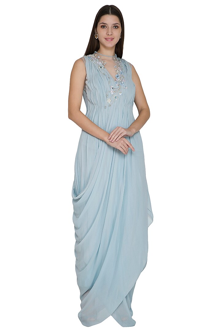 Frost Blue Embellished Gown by VIVEK PATEL