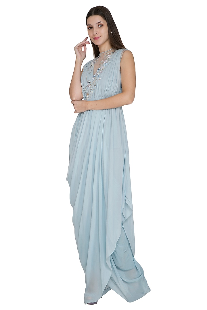 Frost Blue Embellished Engagement Gown by Vivek Patel at Pernia's Pop Up Shop