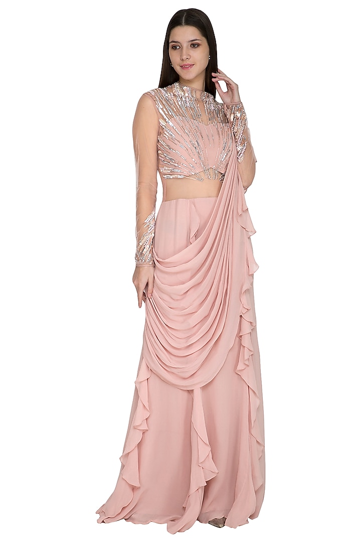 Pink Embroidered Ruffled Gown Saree by VIVEK PATEL