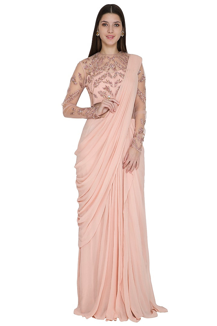 Pearl Pink Embroidered Gown Saree by VIVEK PATEL