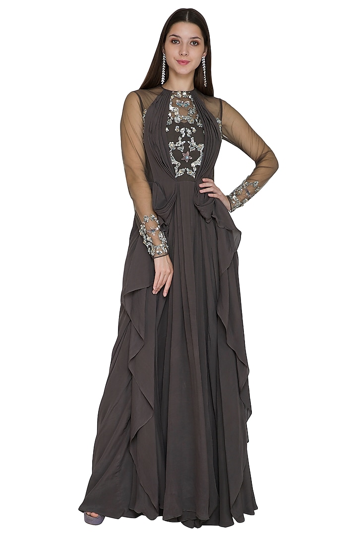 Grey Embellished Gown With Drape by VIVEK PATEL