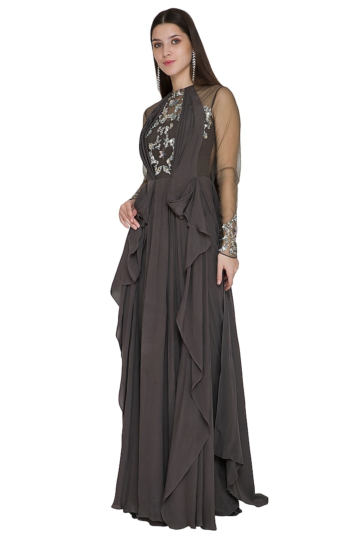 Grey Embellished Engagement Gown With Drape by Vivek Patel at Pernia's Pop Up Shop