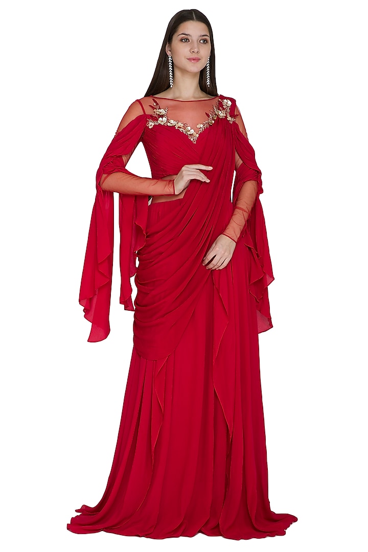 Red Crepe & Tulle Floral Embroidered Saree Gown by VIVEK PATEL