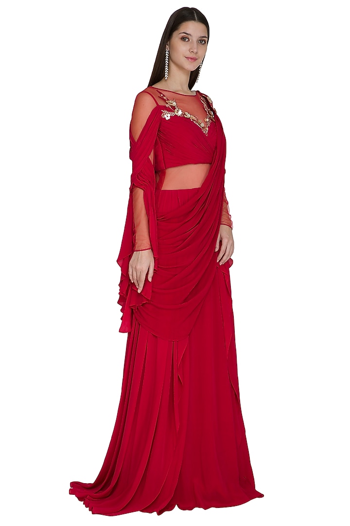Red Crepe & Tulle Floral Embroidered Wedding Saree Gown by Vivek Patel at Pernia's Pop Up Shop