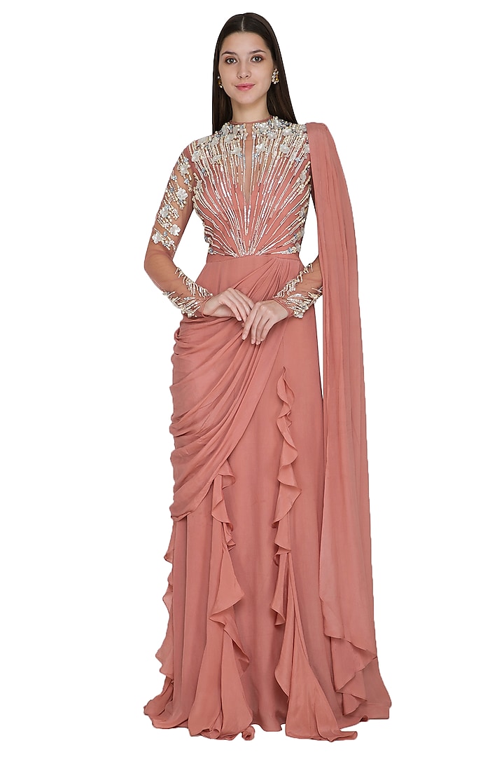 Pink Embroidered Gown Saree With Ruffles by VIVEK PATEL