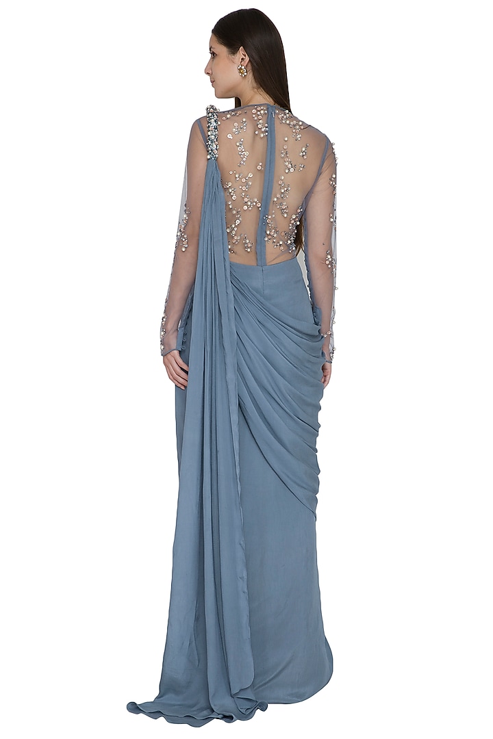 Celeste Blue Embroidered Wedding Gown Saree by Vivek Patel at Pernia's Pop Up Shop
