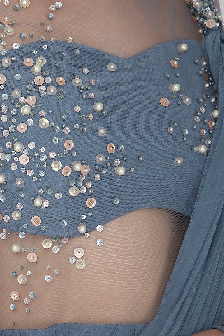 Celeste Blue Embroidered Wedding Gown Saree by Vivek Patel at Pernia's Pop Up Shop