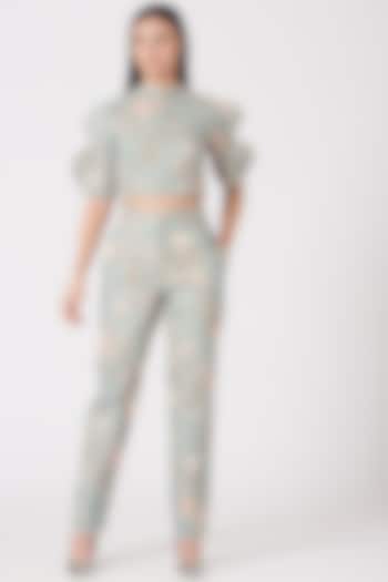 Light Olive Green Floral Printed Pant Set by Vivek Patel at Pernia's Pop Up Shop