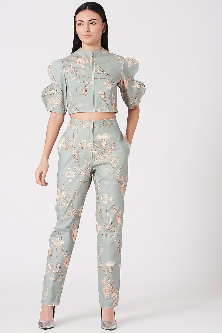 Light Olive Green Floral Printed Pant Set by Vivek Patel at Pernia's Pop Up Shop