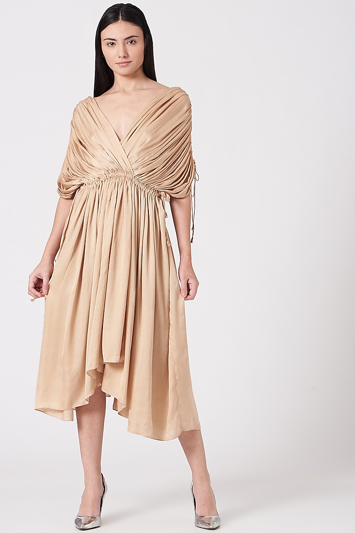 Beige Gathered Dress by VIVEK PATEL