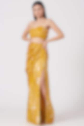 Mustard Printed Draped Skirt Set by VIVEK PATEL