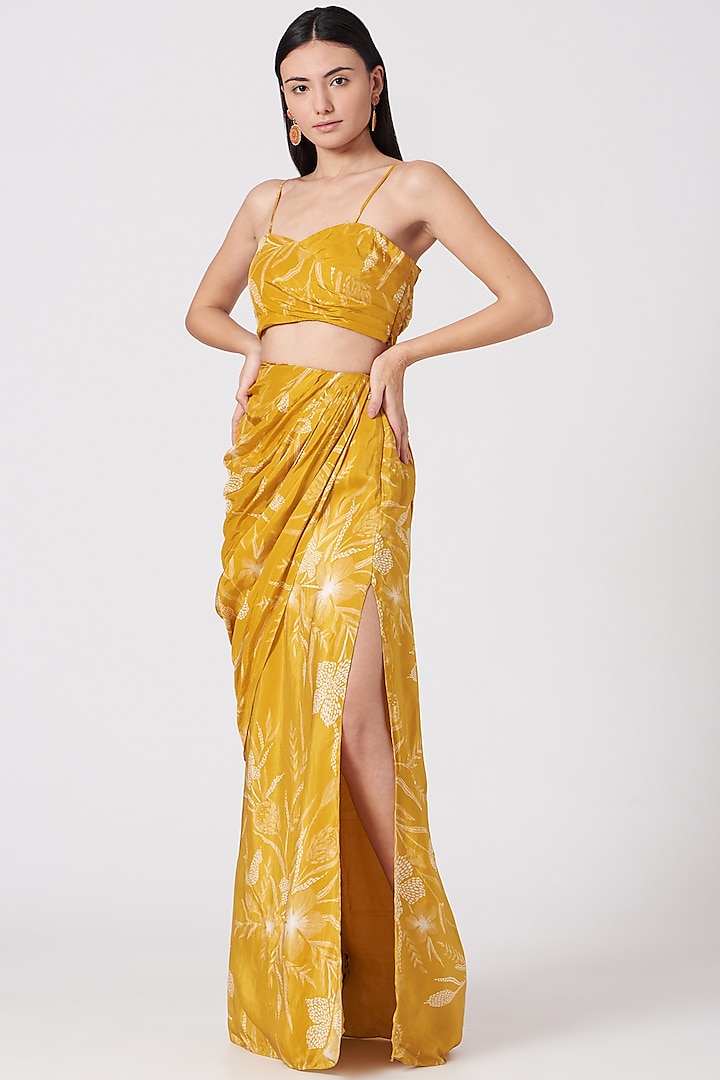 Mustard Printed Draped Skirt Set by VIVEK PATEL