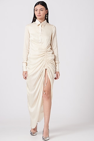 Off White Eco Satin Shirt Gown by Vivek Patel
