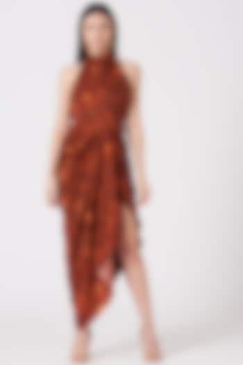 Maroon Floral Printed Draped Dress by VIVEK PATEL