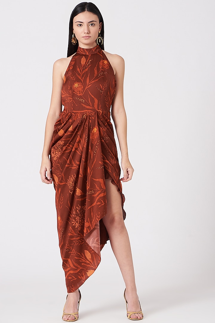 Maroon Floral Printed Draped Dress by VIVEK PATEL