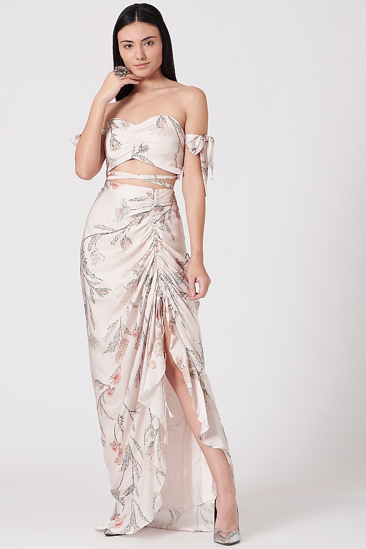 Beige Floral Printed Skirt Set by VIVEK PATEL