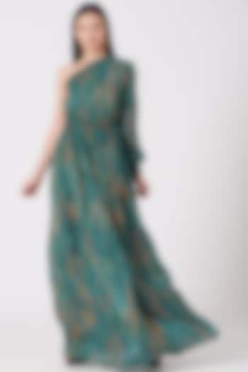 Teal Green Printed One-Shoulder Dress by VIVEK PATEL