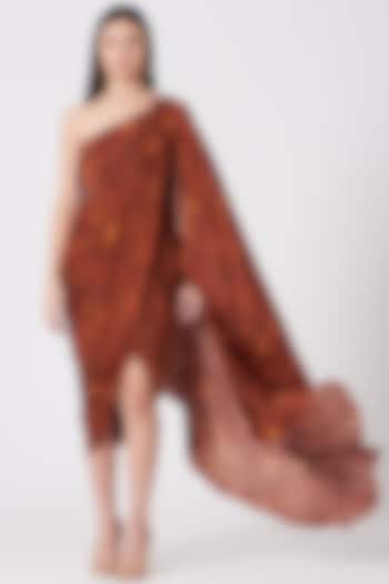 Brown Printed Saree Dress by VIVEK PATEL
