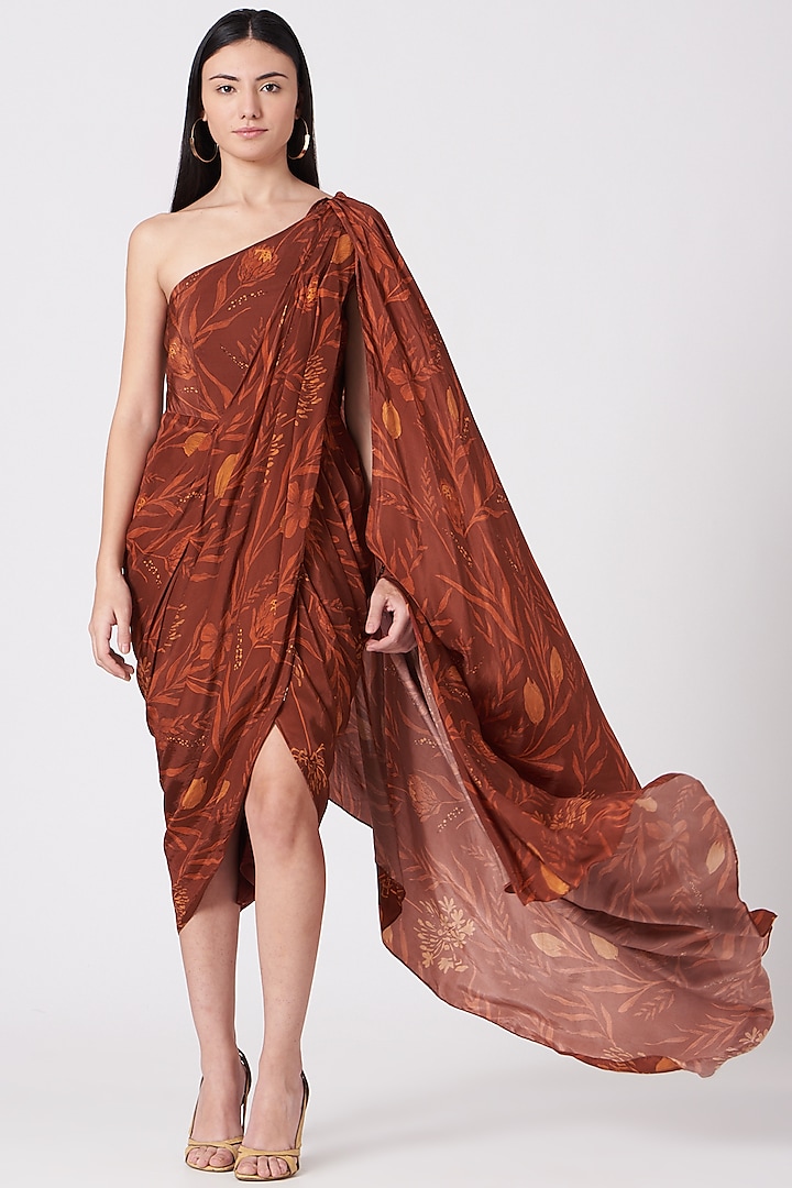 Brown Printed Saree Dress by VIVEK PATEL at Pernia's Pop Up Shop