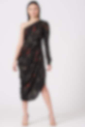 Black Digital Printed Draped Dress by VIVEK PATEL