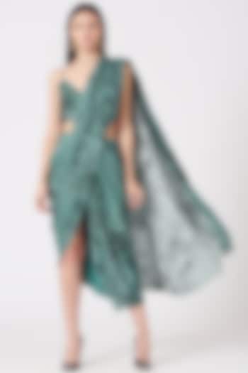 Turquoise Printed Saree Dress by VIVEK PATEL