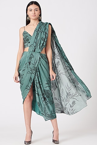 Turquoise Habutai Crepe Printed Draped Dress by Vivek Patel