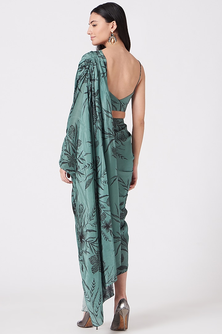 Turquoise Habutai Crepe Printed Draped Vacation Dress by Vivek Patel at Pernia's Pop Up Shop
