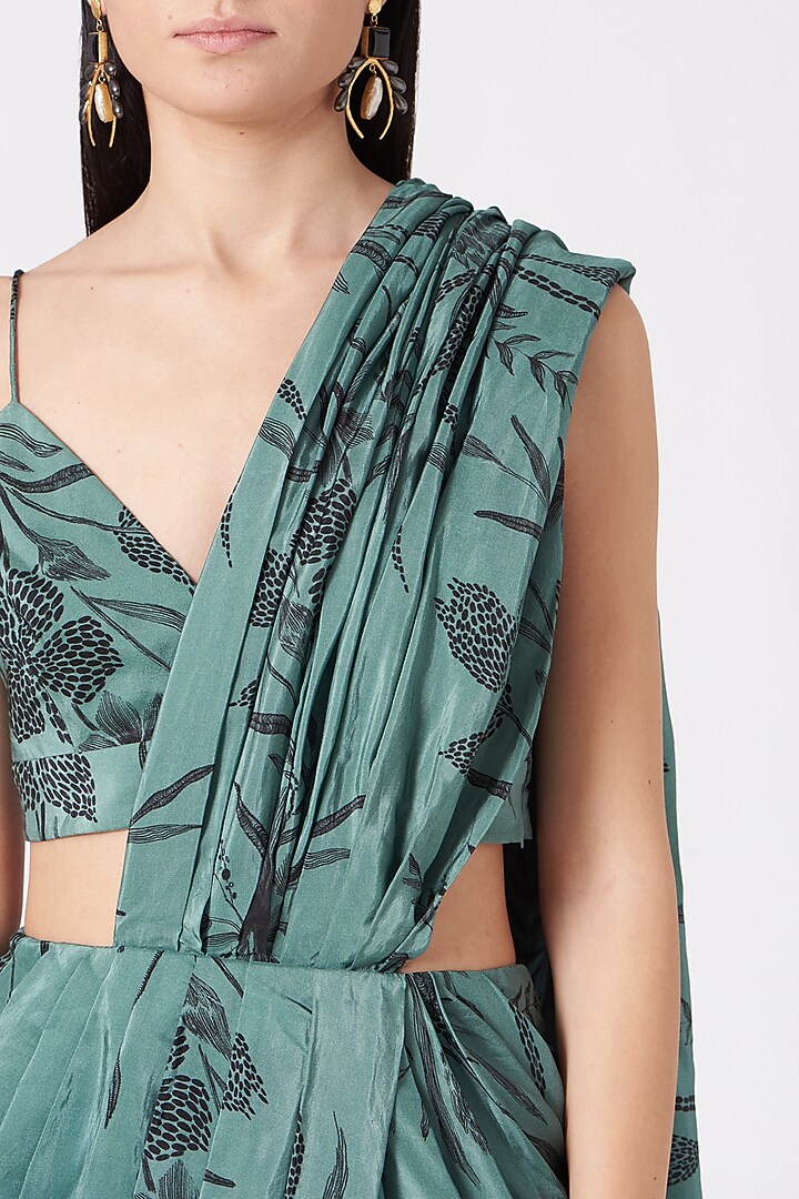 Turquoise Habutai Crepe Printed Draped Vacation Dress by Vivek Patel at Pernia's Pop Up Shop