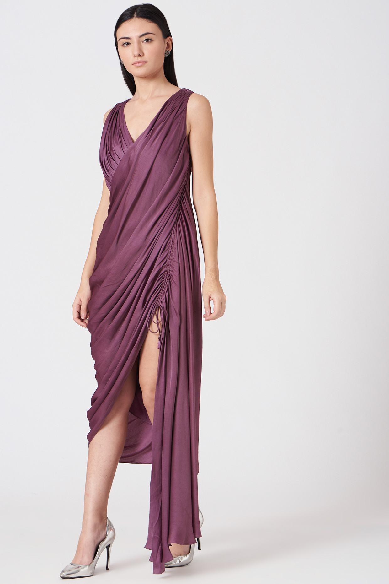 Dark Mauve Eco Satin Draped Gown by VIVEK PATEL