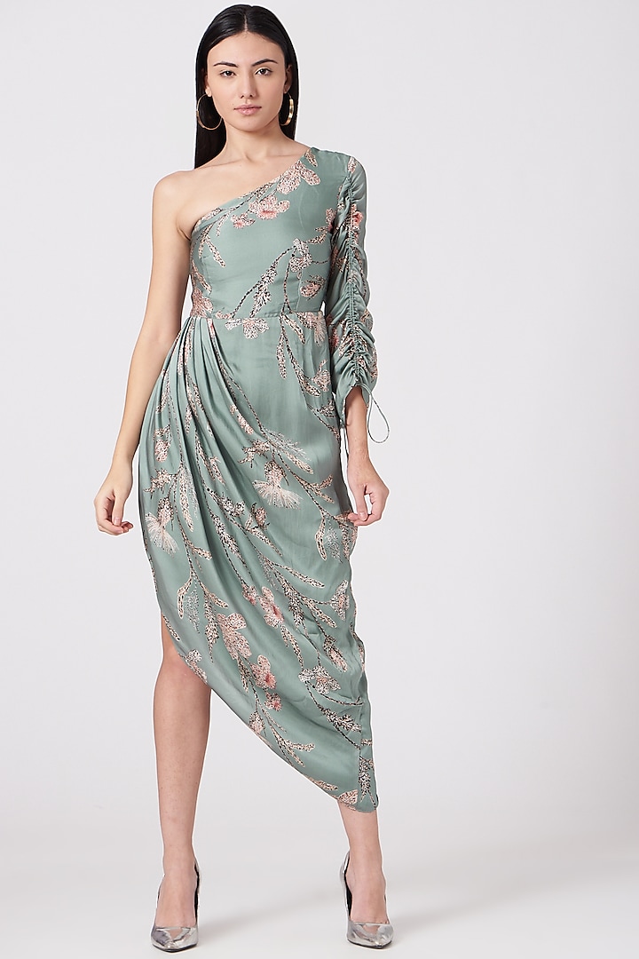 Mint Floral Printed Draped Dress by VIVEK PATEL