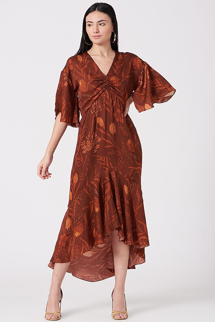 Maroon Printed Ruffled Dress by VIVEK PATEL