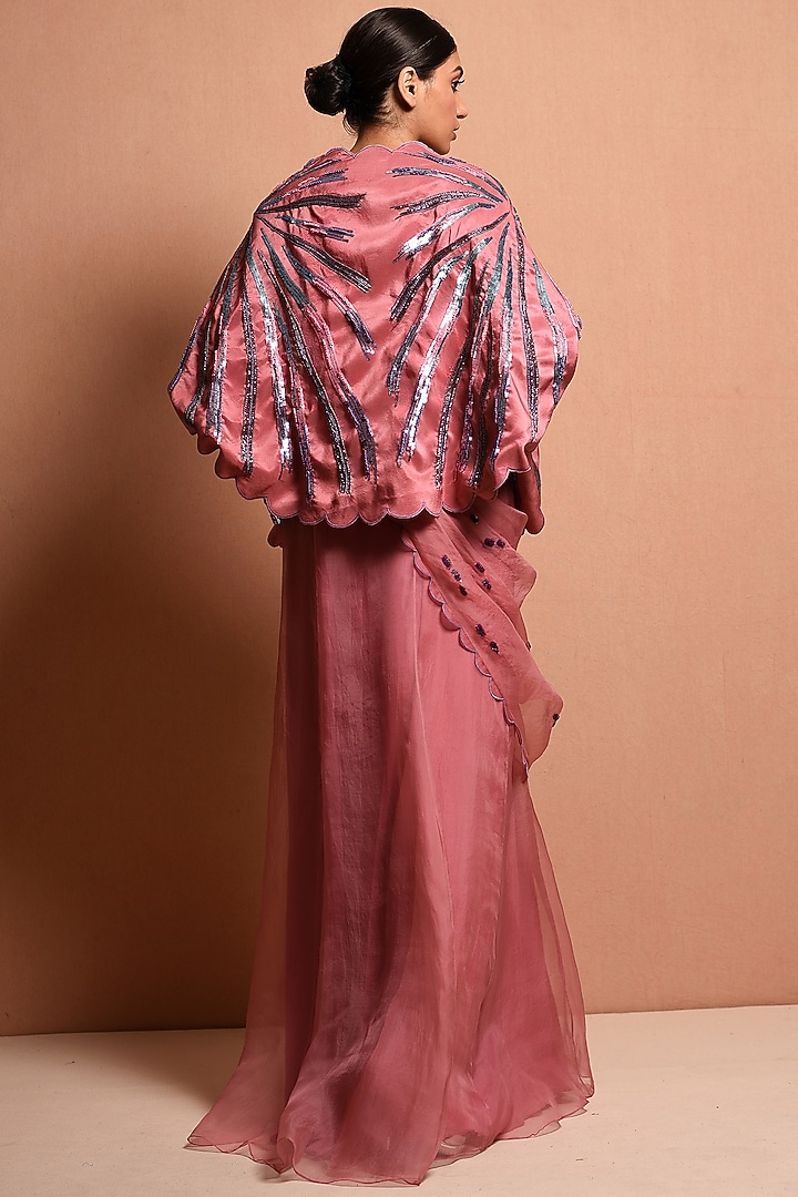 Blush Pink Silk Dupion Sequins Embellished Reception Gown Saree With Jacket by Vivek Patel at Pernia's Pop Up Shop