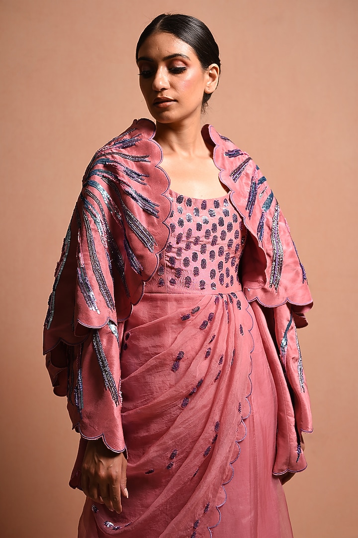 Blush Pink Silk Dupion Sequins Embellished Reception Gown Saree With Jacket by Vivek Patel at Pernia's Pop Up Shop