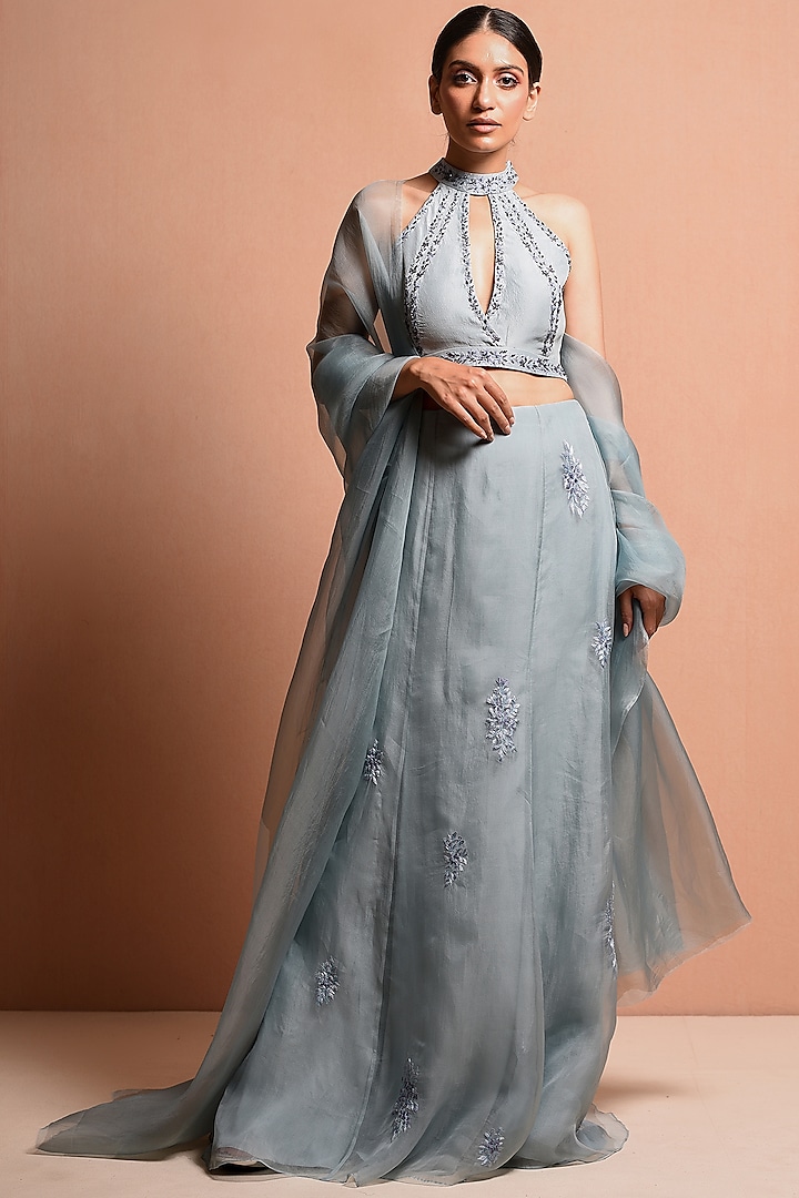 Sky Blue Embellished Lehenga Set by Vivek Patel