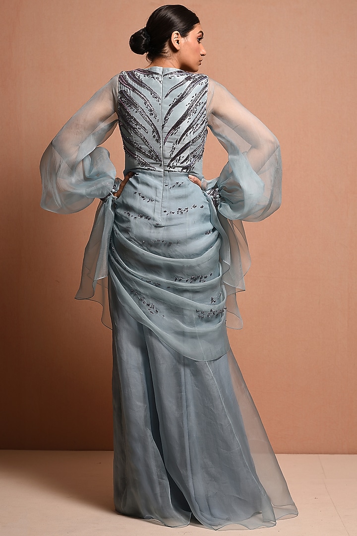 Sky Blue Embellished Reception Saree Gown by Vivek Patel at Pernia's Pop Up Shop