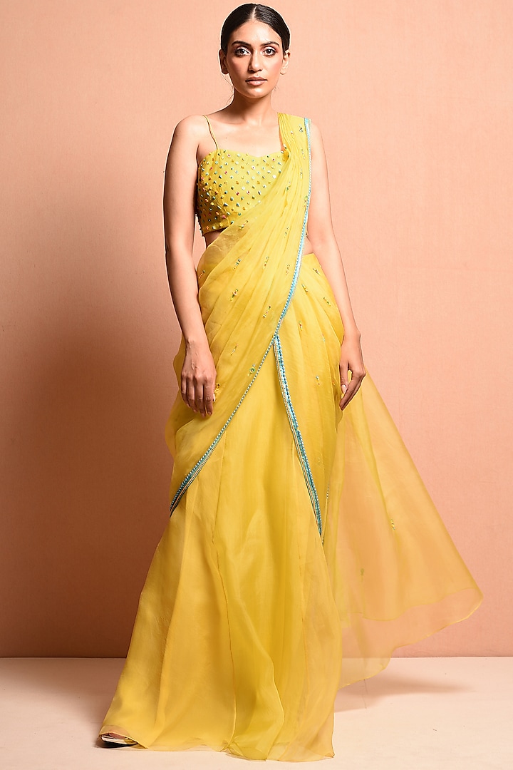 Yellow Silk Organza Sequins Embellished Saree Gown Set by Vivek Patel