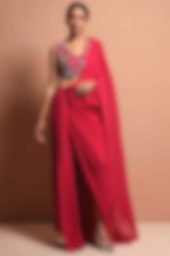 Fuchisa Pearls Embellished Saree Gown Set by Vivek Patel