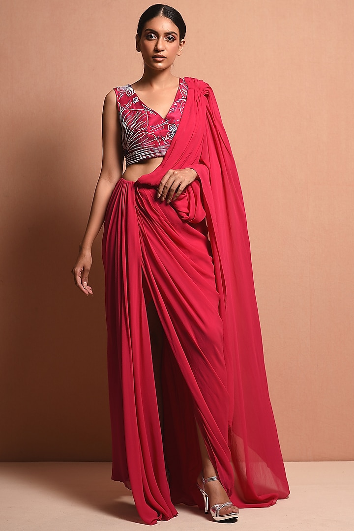 Fuchisa Pearls Embellished Saree Gown Set by Vivek Patel