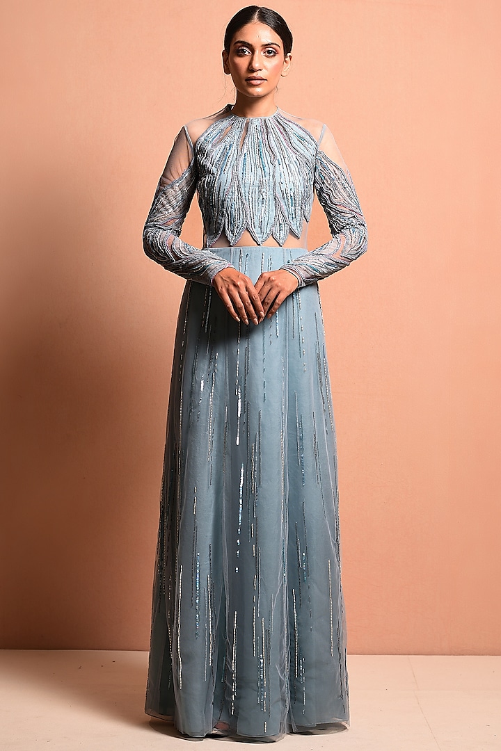 Sky Blue Embellished Gown by Vivek Patel