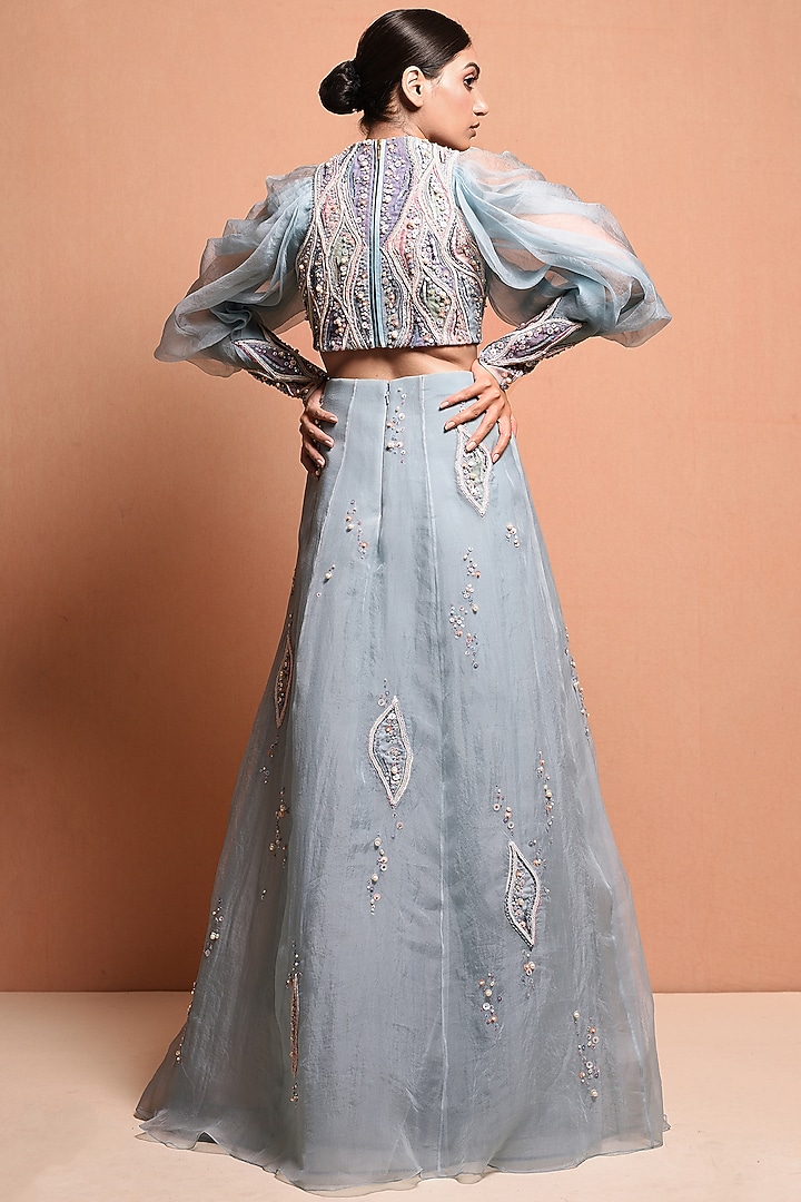 Sky Blue Hand Embellished Wedding Lehenga Set by Vivek Patel at Pernia's Pop Up Shop