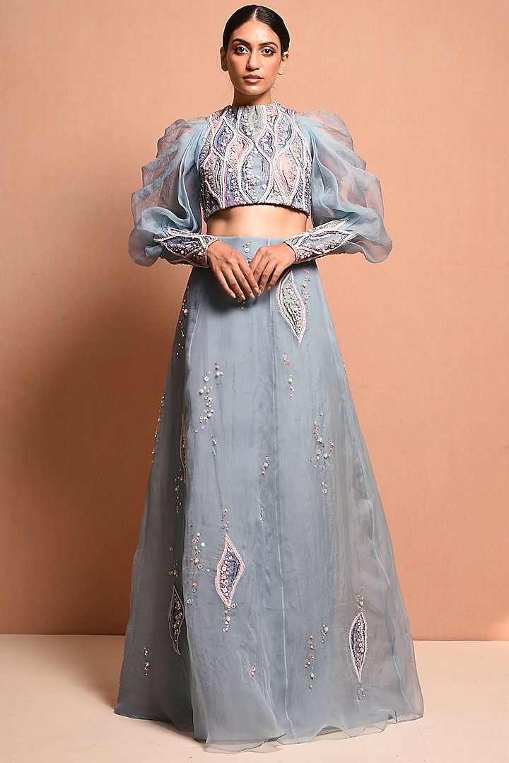Sky Blue Hand Embellished Wedding Lehenga Set by Vivek Patel at Pernia's Pop Up Shop