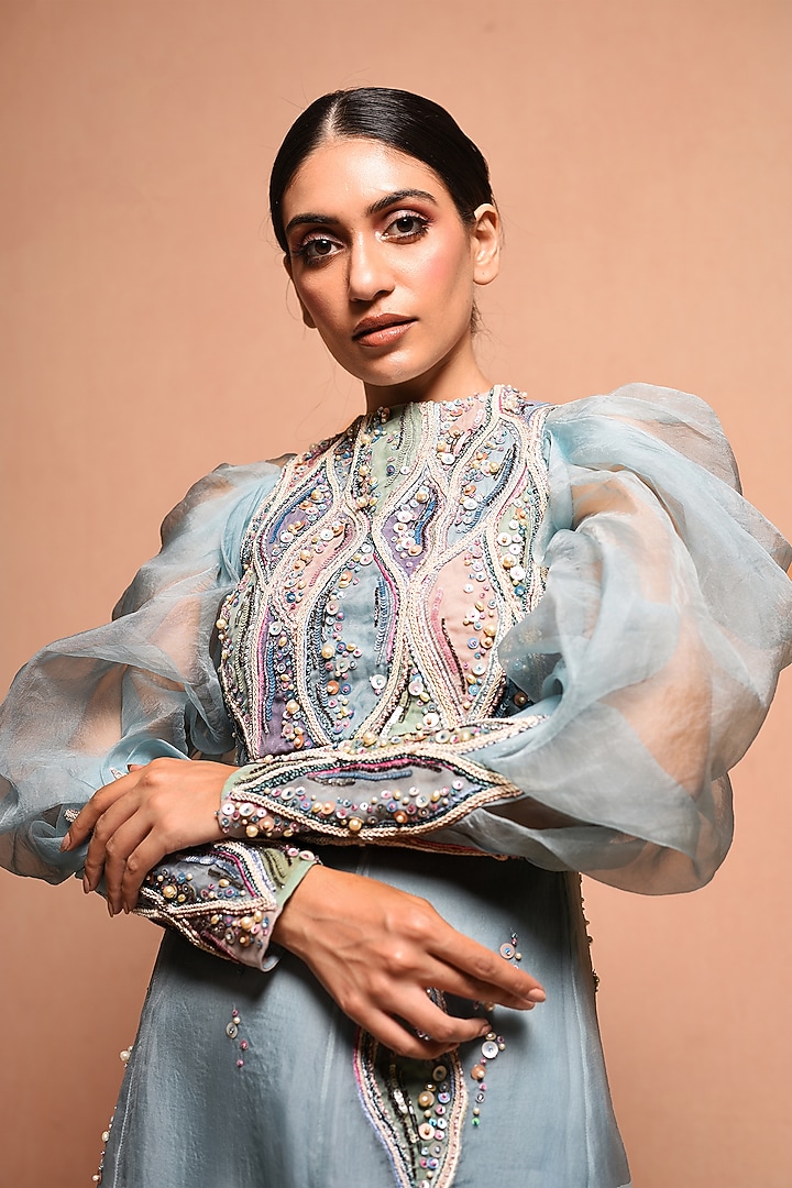 Sky Blue Hand Embellished Wedding Lehenga Set by Vivek Patel at Pernia's Pop Up Shop